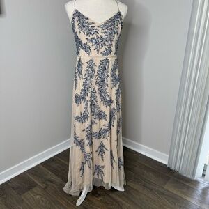 Gianni Bini Elegant Nude and Blue Beaded Evening Gown